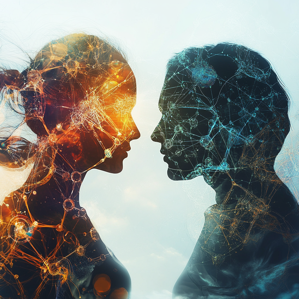 "Two individuals from different cultural backgrounds engaged in conversation, symbolizing psychological and cultural understanding." Cultural empathy, psychology of understanding, cross-cultural communication, emotional intelligence, perception, diversity, human connection, acceptance.