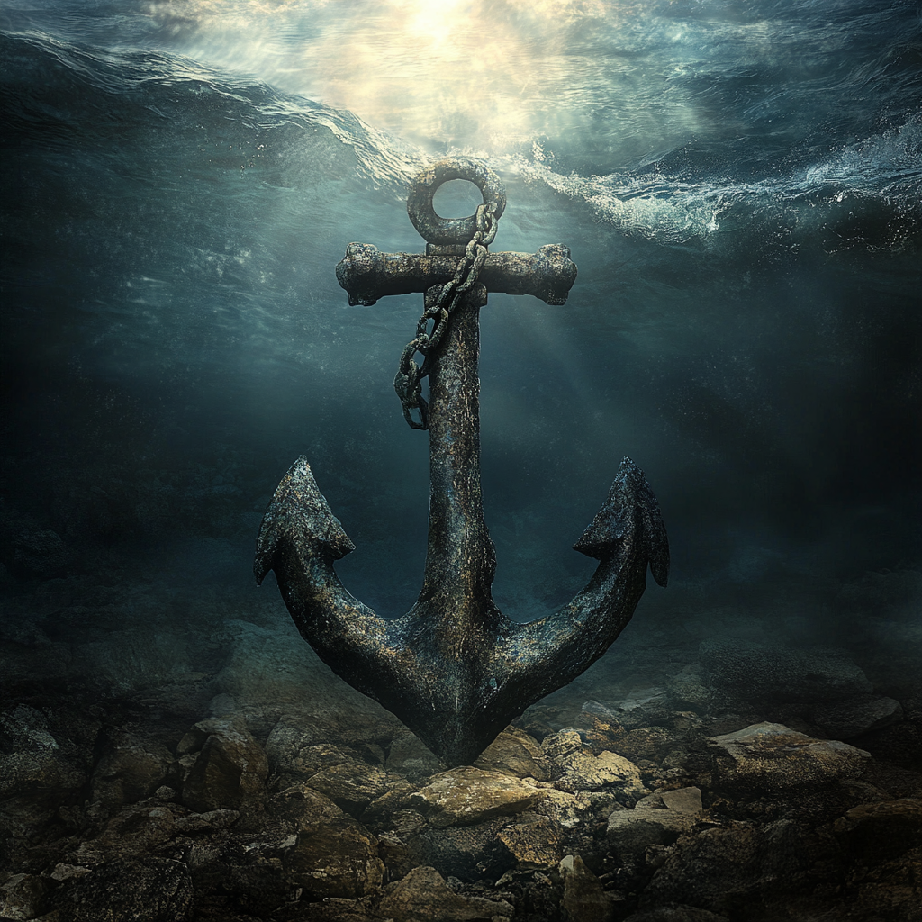 A sturdy anchor rests firmly on the seabed beneath turbulent waves, illuminated by a soft light from above. Constant Faith, Divine Revelation, Unwavering Belief, Anchor of Faith, Faith Journey