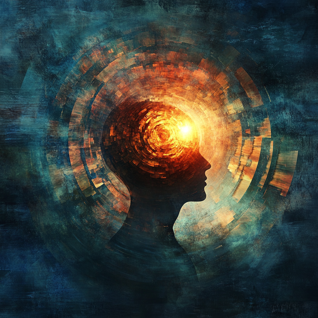 An abstract illustration of a person surrounded by layers, with a glowing core symbolizing the essence of human identity at the center. Essence, human identity, self-discovery, authenticity, core of being