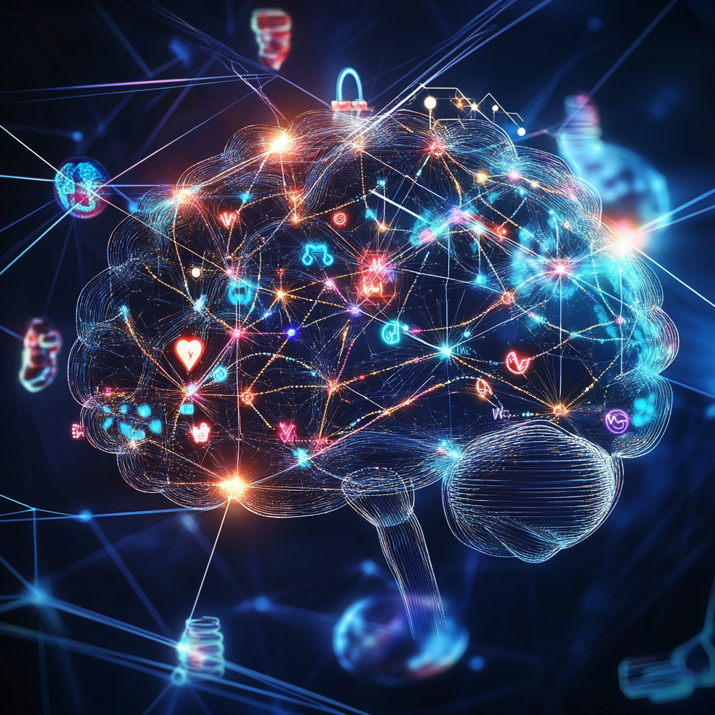 An abstract image of a glowing brain with colorful neurotransmitters connecting different areas, symbolizing their influence on health, decisions, and emotions. Neurotransmitters, Brain Health, Mental Health, Stress Management, Emotional Well-being, Decision Making, Motivation, Dopamine, Serotonin