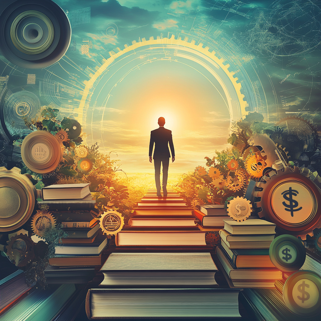 A person confidently walking towards a bright horizon, with symbols of knowledge, action, and abundance surrounding the path to financial success. Winning mentality, financial success, growth mindset, action, abundance