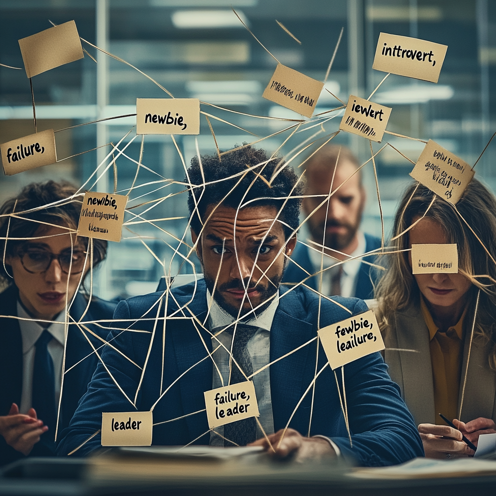 "Image showing diverse professionals surrounded by tangled labels, symbolizing how misleading classifications in the workplace can create confusion and limit growth." Misleading labels Professional chaos Overcoming labels Workplace diversity Individual potential Breaking stereotypes Growth and innovation Unlabeled potential Organizational success