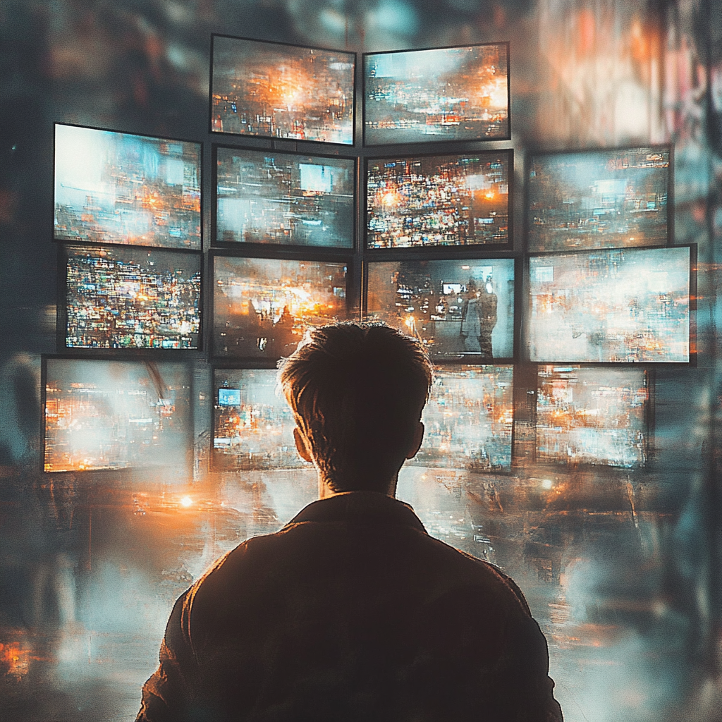 A person overwhelmed by a flood of news on multiple screens, representing the struggle between information overload and true understanding. News Reporting Media Illusion Information vs. Understanding Critical Thinking Truth in Journalism Media Manipulation Fake News Awareness News Consumption
