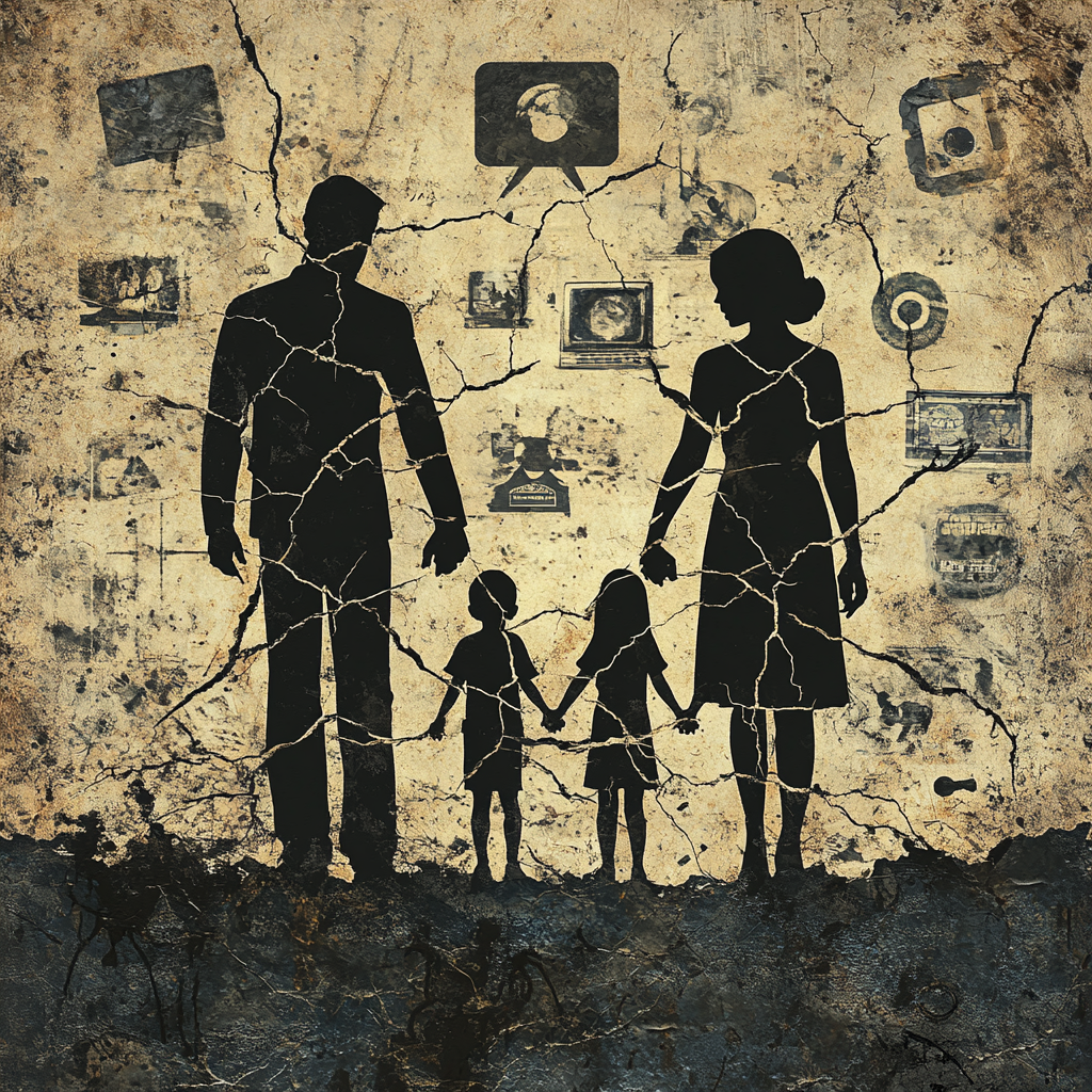 A fractured family silhouette with cracks representing the breakdown of family values, surrounded by symbols of control, like media, politics, and consumerism. Family values, ruling families, societal control, family breakdown, intellectual slavery, family unity, liberation from control.
