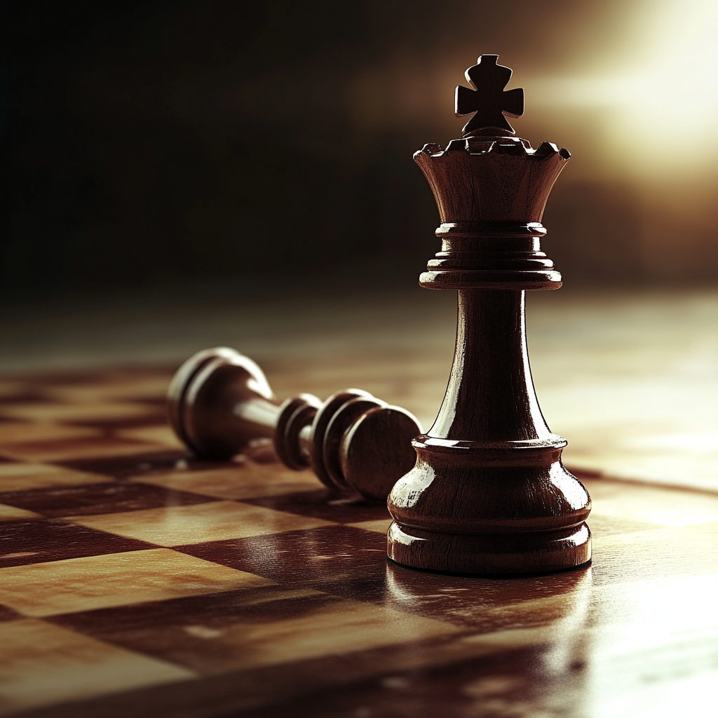 "A strategic chessboard where the king appears to surrender, but a hidden counterattack is brewing." Strategic surrender, professional battles, chess strategy, winning tactics, psychological warfare, tactical retreat