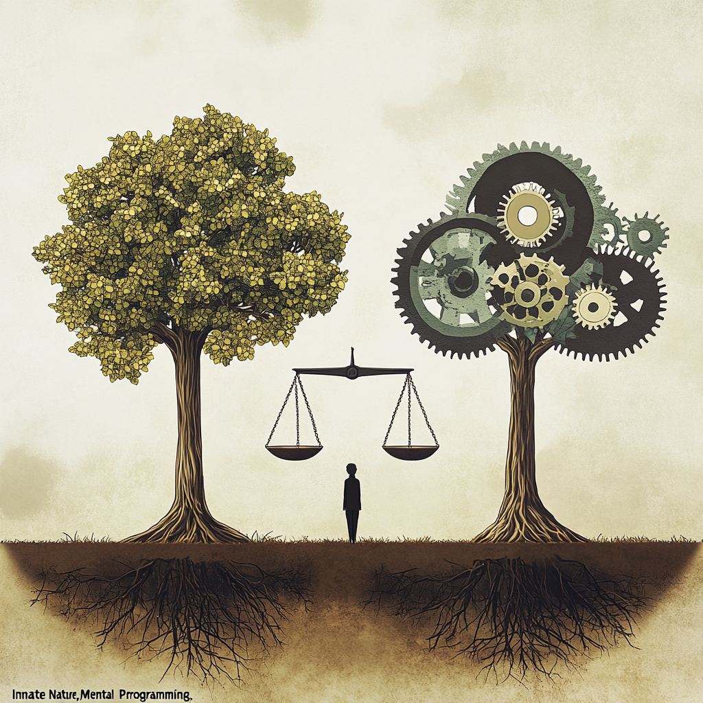 A person holding a balance scale between two symbolic trees, one representing innate nature and the other mental programming, depicting the balance between natural instincts and learned behaviors. Innate Nature, Mental Programming, Balance, Self-awareness, Nature vs. Nurture, Personal Growth, Mindset