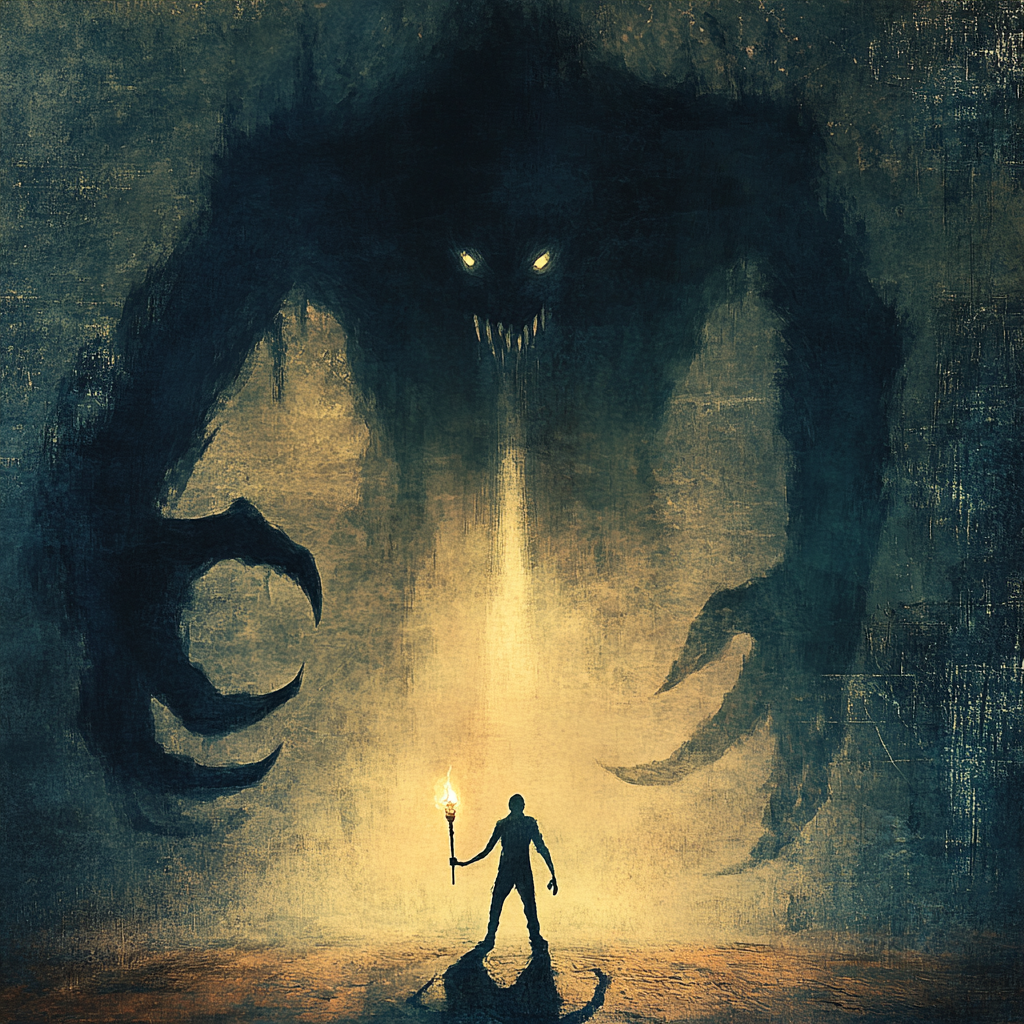 A person standing boldly, holding a torch, facing a dark shadow of fear, symbolizing the transformation of fear into personal empowerment and growth. Transforming Fear Personal Growth Overcoming Fear Self-empowerment Unlocking Potential Motivational Growth Fear as Fuel