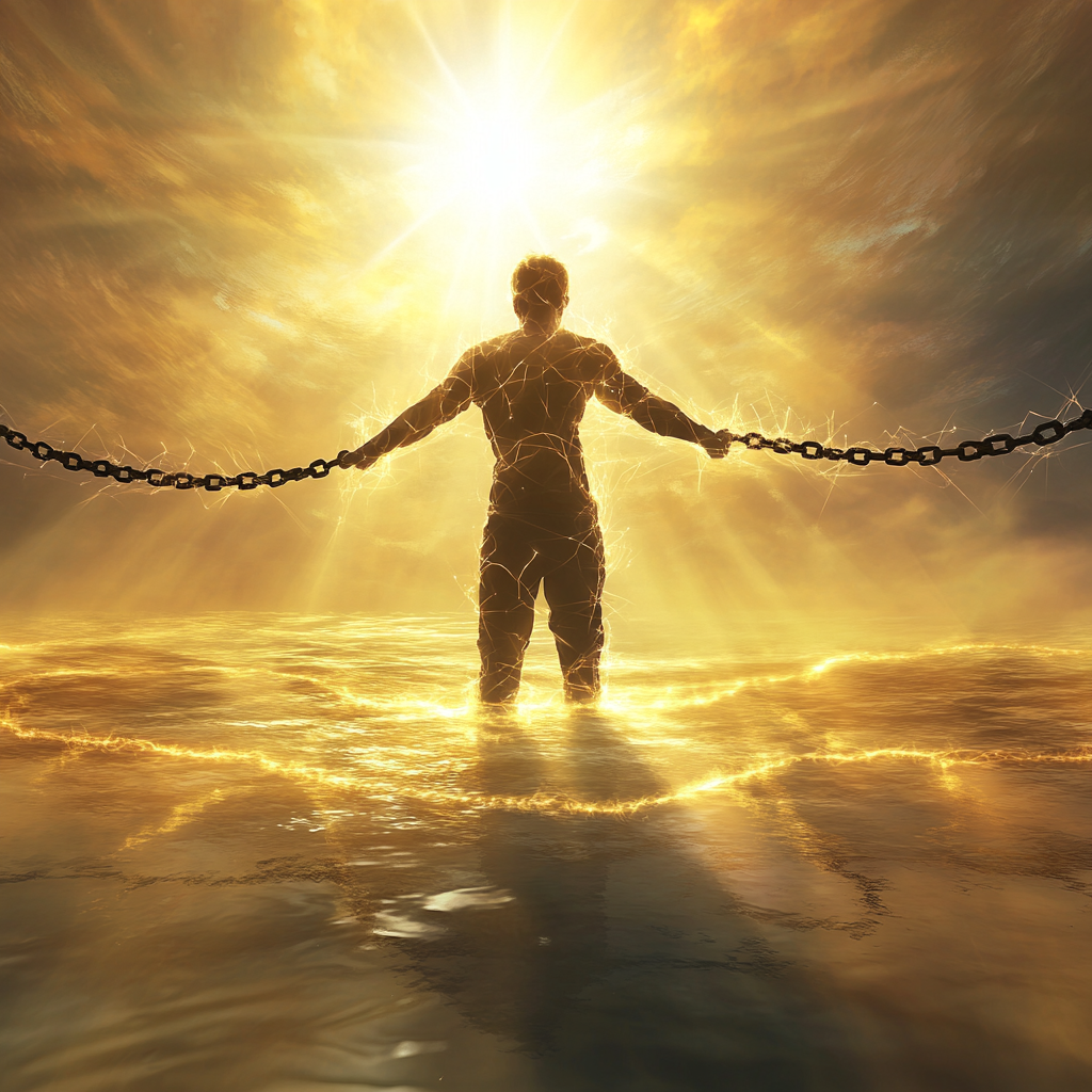 A person breaking free from chains, symbolizing liberation from financial struggle, with light and a glowing horizon in the background, signifying spiritual awakening and abundance. Financial Abundance, Spiritual Awakening, Unlocking Financial Freedom, Self-Worth, Emotional Intelligence, Prosperity Path