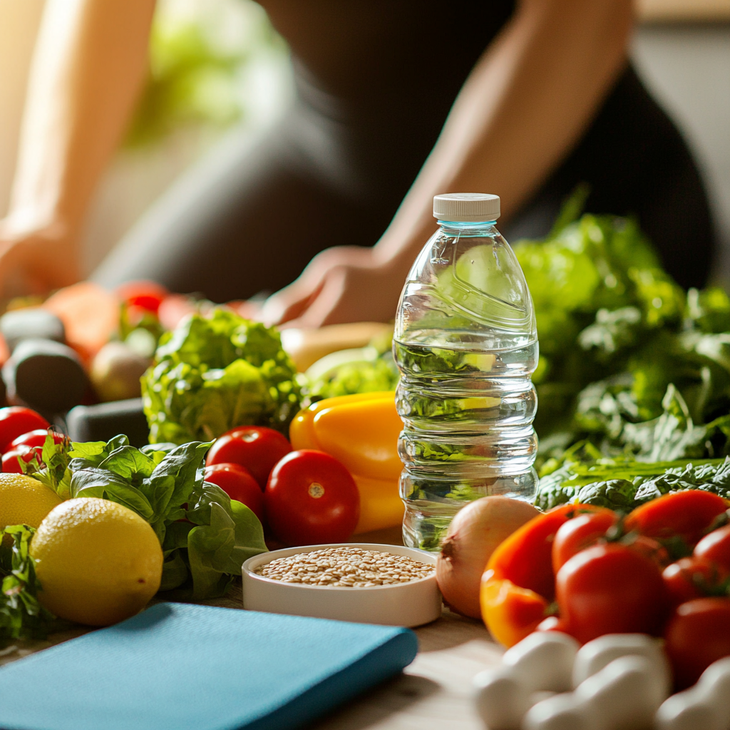 A person engaging in a healthy lifestyle transformation with nutritious foods, fitness equipment, and mindfulness practices. The image captures the essence of a holistic approach to slimming and achieving lasting health. Slimming Weight Loss Healthy Lifestyle Sustainable Diet Fitness Transformation Mindset for Weight Loss