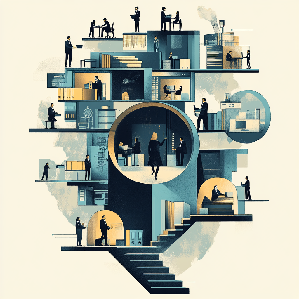 A professional office setting showing individuals working within the traditional system of the workplace, while one individual is thinking about challenging the existing structures with new ideas and innovation. Influence Professional Environment Career Systems Workplace Dynamics Change and Adaptability Innovation vs. Tradition