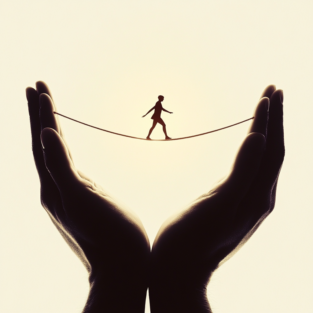 Silhouette of a person on a tightrope held by two hands with light above, symbolizing trust in God. Trust in God, Surrender, Safeguards, Faith, Guidance, Spiritual Growth