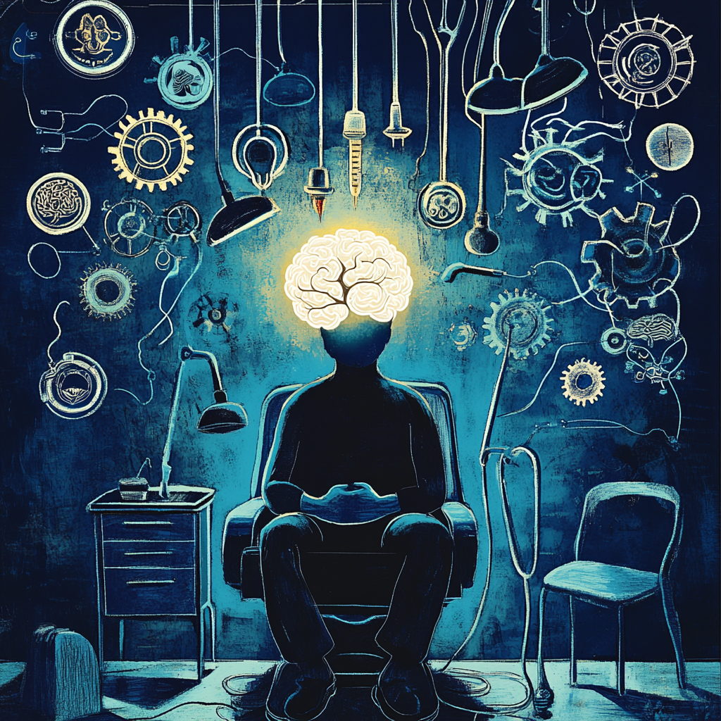 "A symbolic representation of a person undergoing mental surgery, representing the process of self-evaluation and personal transformation." Target Surgery Self-Evaluation Personal Growth Mental Surgery Transformative Process