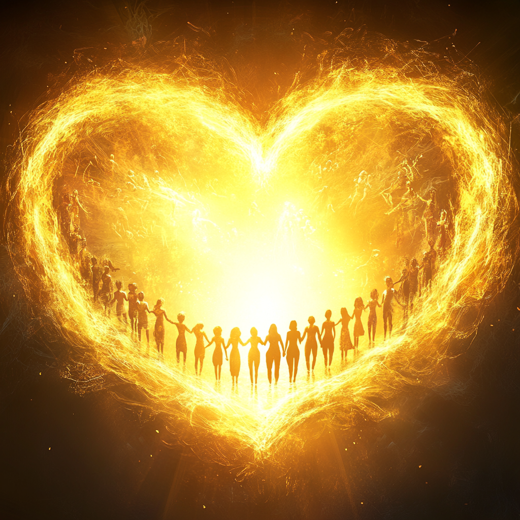 "Heart-shaped energy field glowing with golden light, symbolizing the transformative power of unconditional love, with diverse individuals holding hands to represent unity and connection." Energy of Love, Unconditional Love, Transformational Power, Spiritual Growth, Divine Energy, Love’s Healing, Personal Transformation, Vibrational Frequency