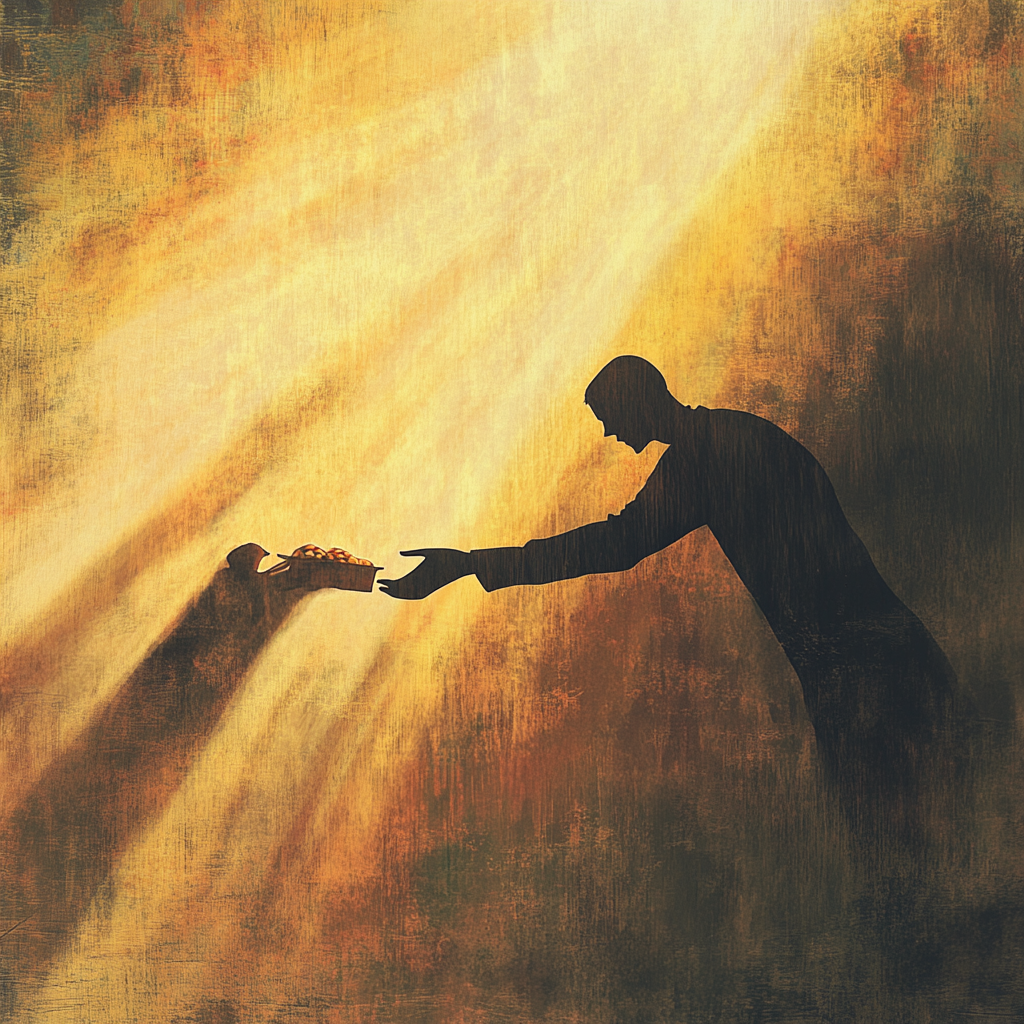 A person giving selflessly without expectation, symbolizing the unseen flow of sustenance and divine abundance that returns to those who practice hidden giving. Hidden Giving Divine Sustenance Selfless Acts Secret Generosity Abundance Altruism Giving without Expectation Cosmic Flow Emotional Fulfillment Quantum Reciprocity