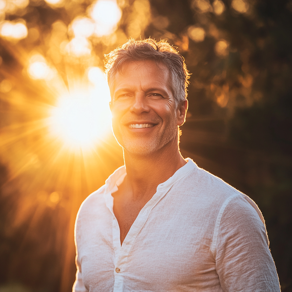 A middle-aged man smiling with a radiant light emanating from his body, standing in a lush landscape. happiness, health, well-being, joy, positivity