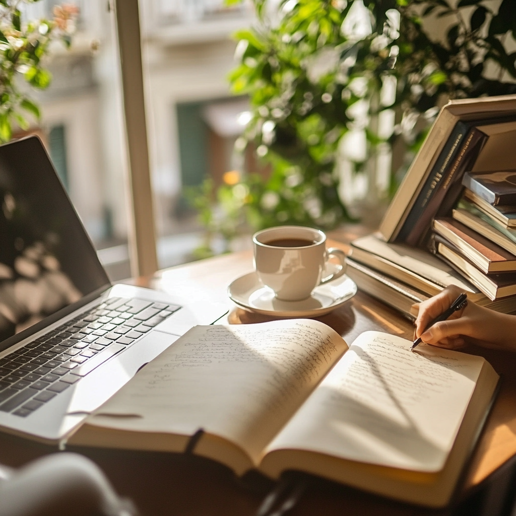 Person writing in a journal for goal achievement and personal development, surrounded by a calm workspace with books and a cup of coffee. Habit of writing, goal achievement, personal development, thought development, writing for success, cognitive growth, emotional healing