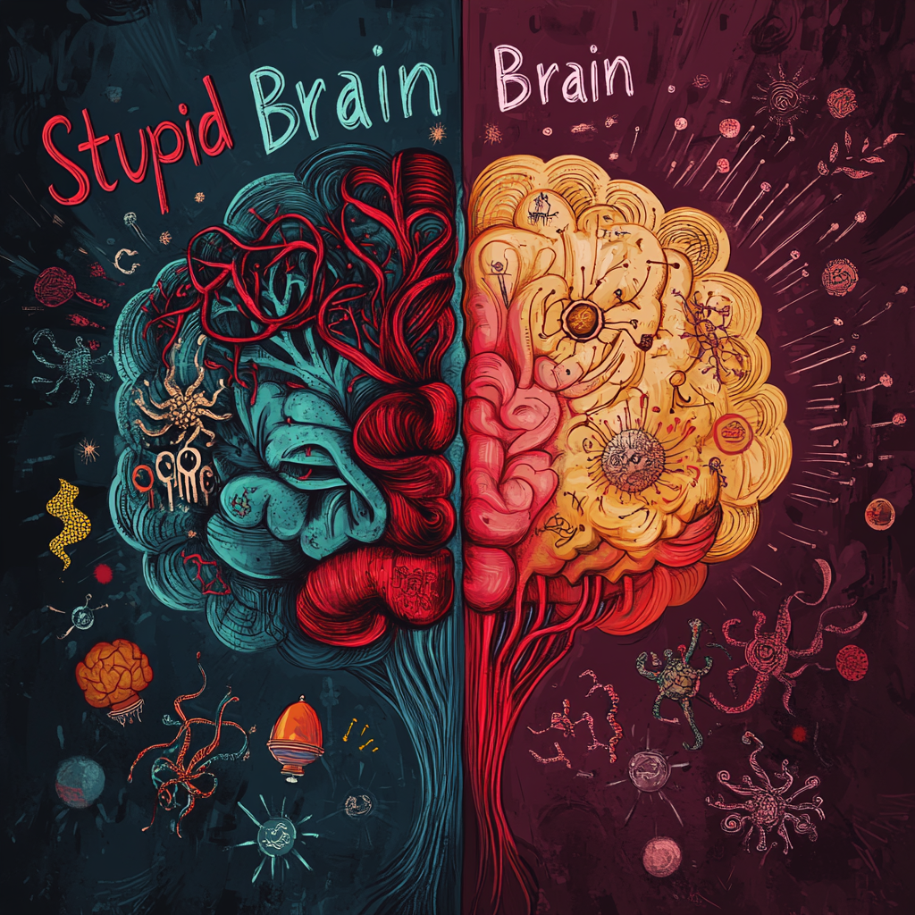 A digital illustration of a brain divided into two halves—one side representing stress and negativity (the "Stupid Brain"), and the other side glowing with joy and balance (the "Happy Brain"). #Neuroscience #Happiness #BrainHealth #Mindfulness #PersonalDevelopment #MentalWellness #Neuroplasticity #PositiveThinking #EmotionalWellbein