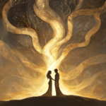 A surreal painting of a serpent wrapped around the Tree of Life, with Adam and Eve standing in the background, their faces illuminated by a single ray of light. Adam and Eve, forbidden fruit, sacred sexuality, immortality, spiritual evolution