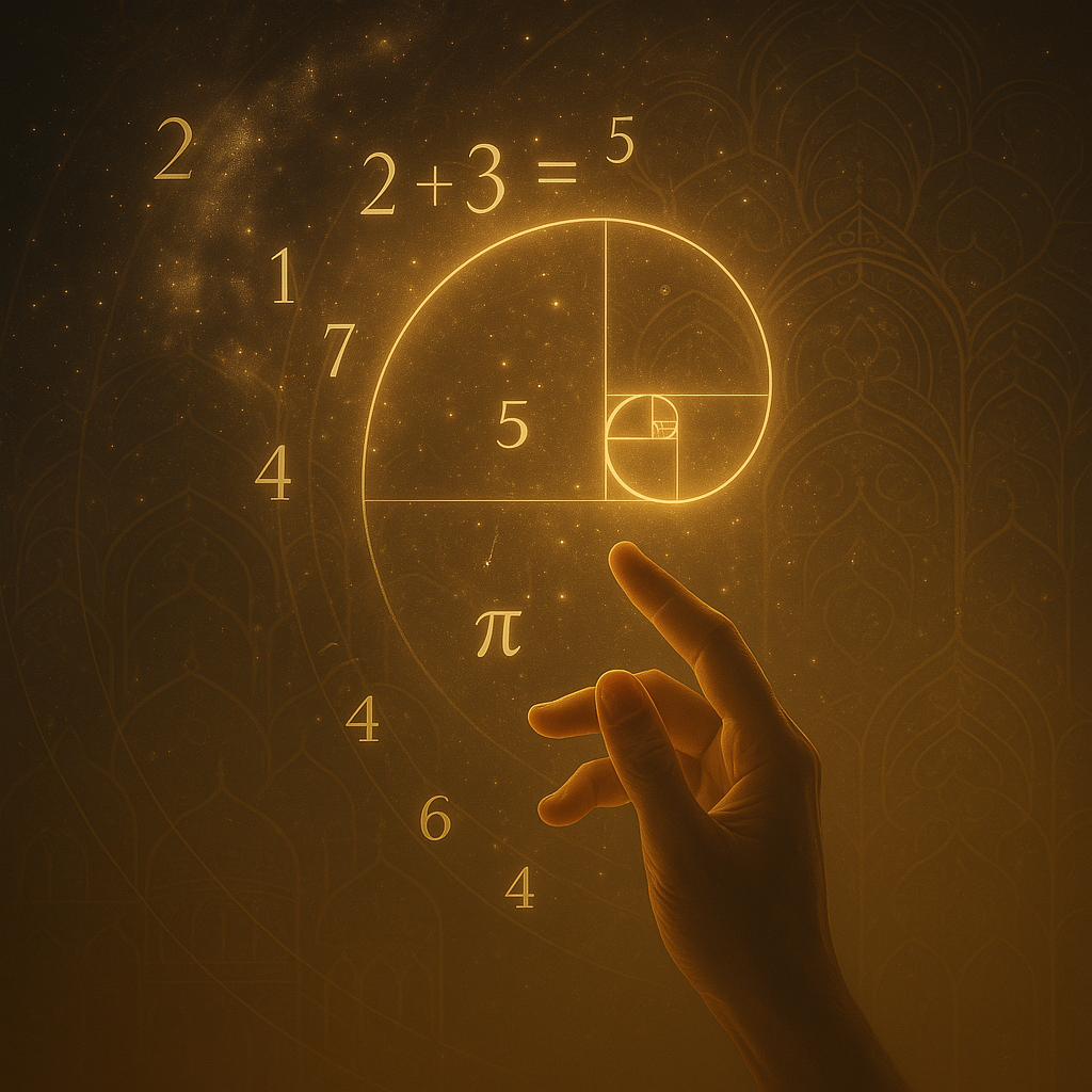 "A hand reaching toward glowing numerical patterns in a cosmic background, symbolizing the union of divine creation and mathematical order." Arithmetic and Faith Sacred Geometry Spiritual Mathematics Divine Logic Science and Religion The Language of Numbers Cosmic Order Mathematics and Belief God and Numbers Philosophy of Math
