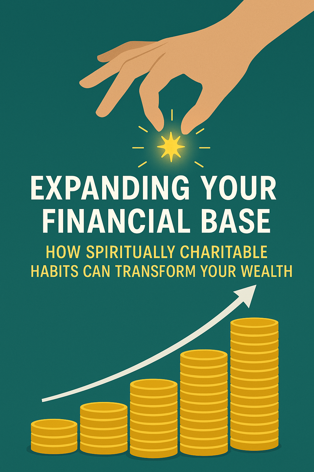 A hand holding a glowing yellow light, with golden coins stacked below and an upward arrow, illustrating the growth of wealth through spiritual charitable habits. Financial growth, spiritual charity, abundance, wealth transformation, generosity.