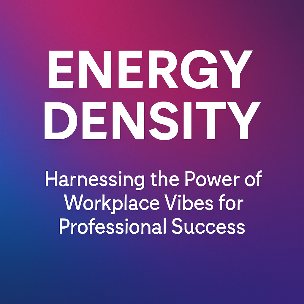 A vibrant gradient background with the text "ENERGY DENSITY" and the subtitle "Harnessing the Power of Workplace Vibes for Professional Success." Energy density, workplace vibes, professional success, energy flow, workplace productivity, workplace culture, leadership energy, mindfulness in the workplace.