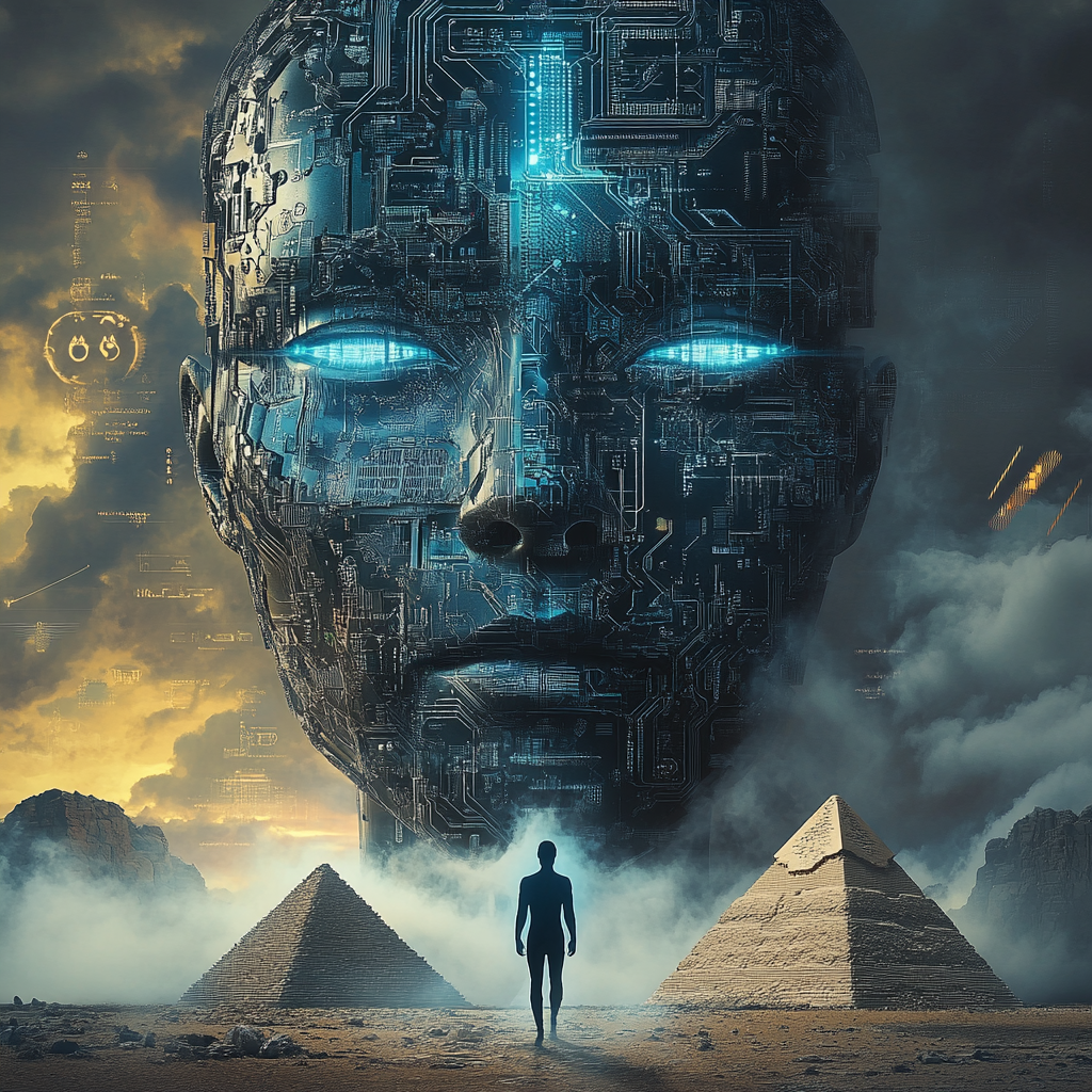 “A human silhouette facing a giant artificial intelligence robot face, with symbols of ancient cultures in the background, representing the clash between human consciousness and AI myth.” Artificial Intelligence myth AI dangers AI vs human intelligence AI consciousness Truth about AI Is AI taking over? AI and the human future Debunking artificial intelligence AI illusion Human vs machine thinking