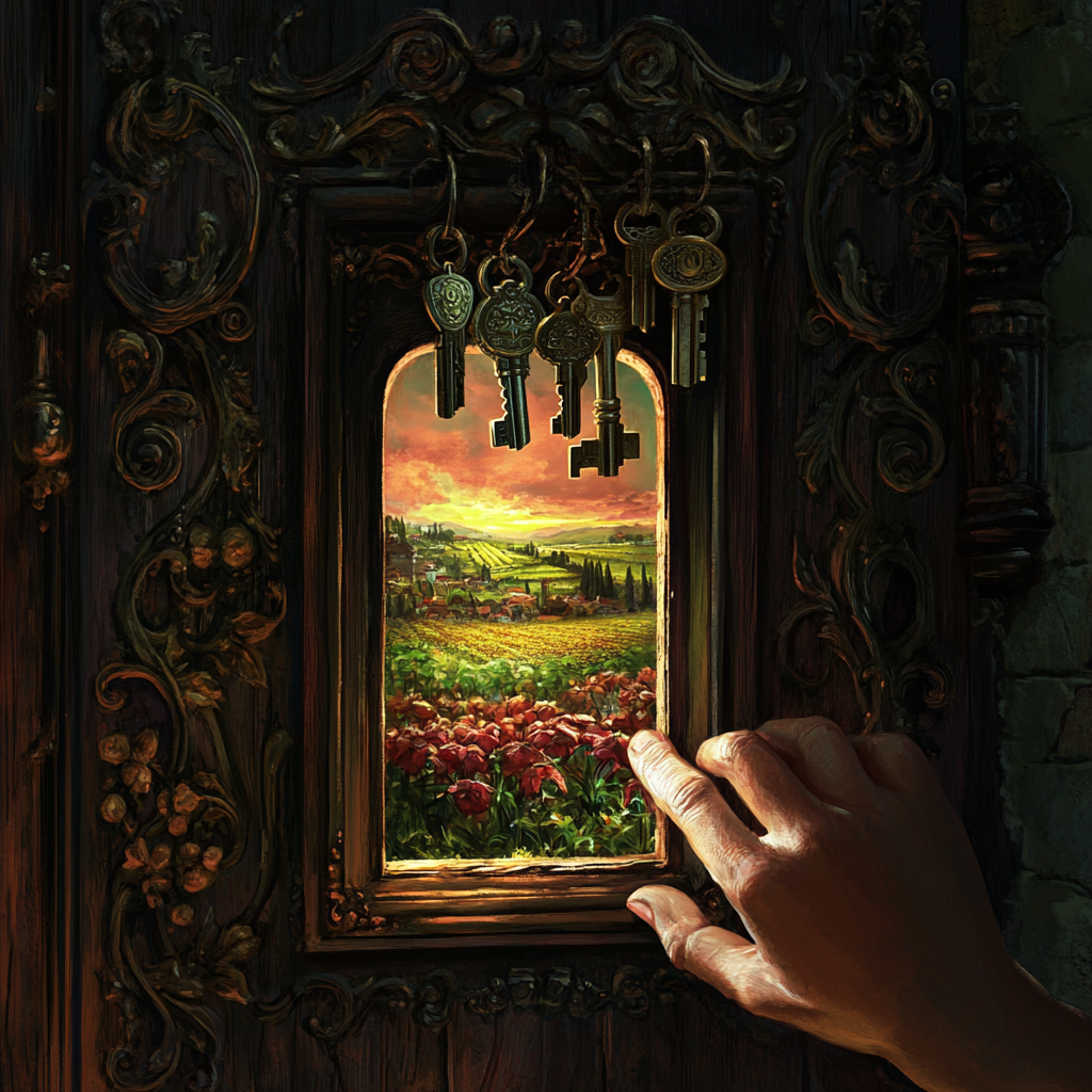 Hand reaching for antique keys above a closed door with a glimpse of abundance through the keyhole. Atab Mafatih, keys to sustenance, unlock abundance, seeking opportunities, resourcefulness, self-reliance, empowerment, personal growth, mindset shift.