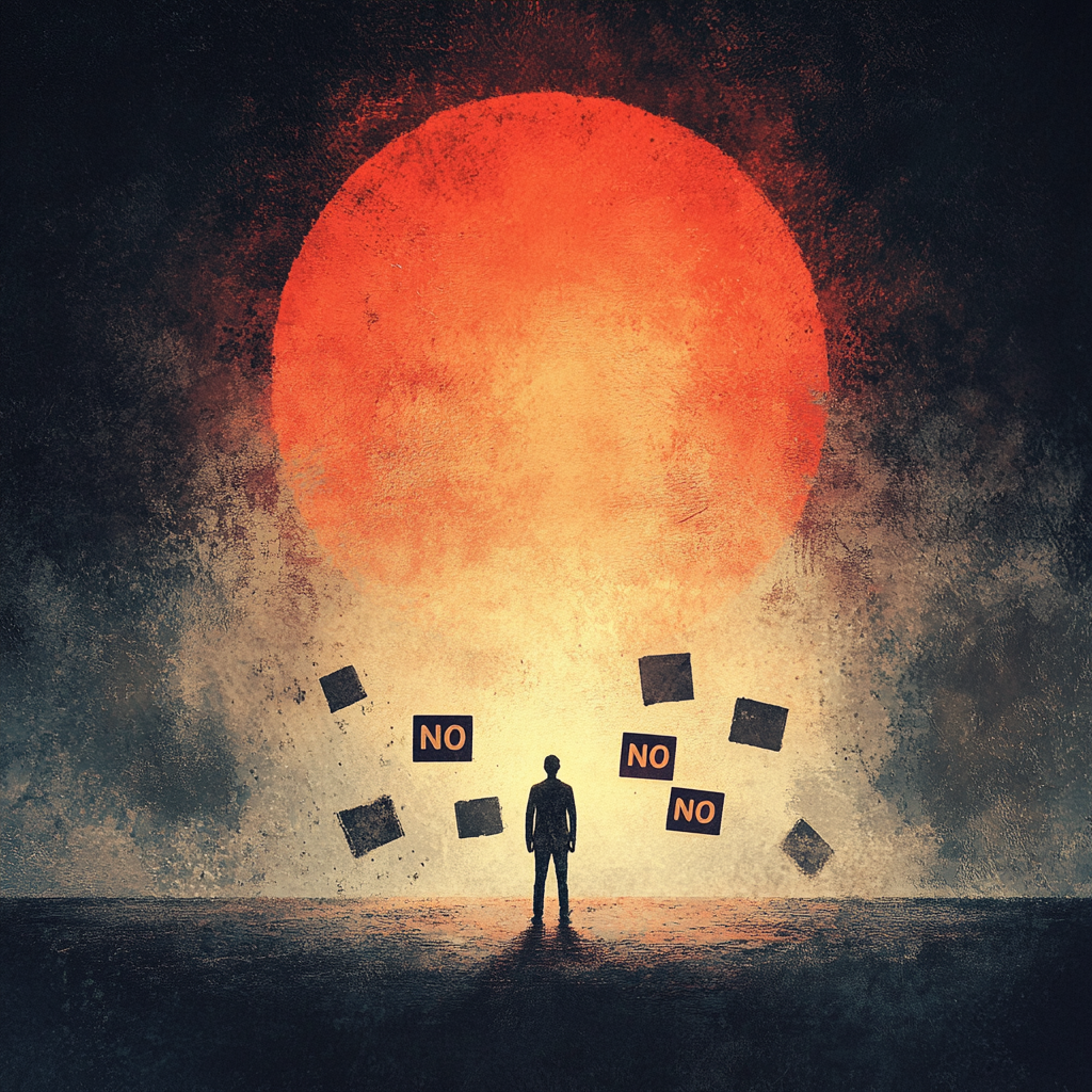 Confident individual rising above rejections, with "NO" signs around and a glowing sunrise in the background. Rejection, Success, Growth Mindset, Overcoming Fear, Power of No, Motivation, Confidence, Personal Development