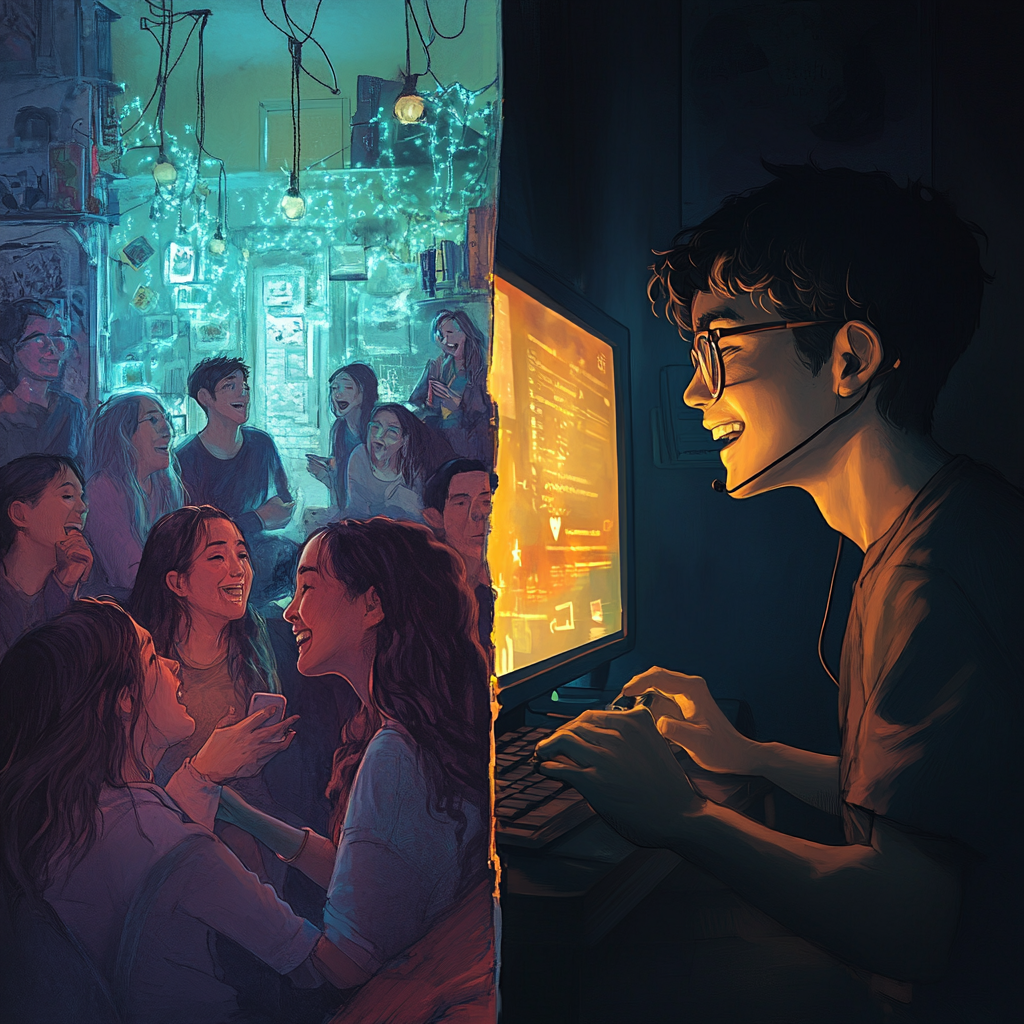 Left side shows friends enjoying a joyful face-to-face gathering, while the right side depicts a solitary individual engaged with a computer, representing the contrast between traditional and virtual relationships. Virtual relationships Imaginary relationships Social connections Emotional well-being Digital communication Loneliness Face-to-face interactions Community building