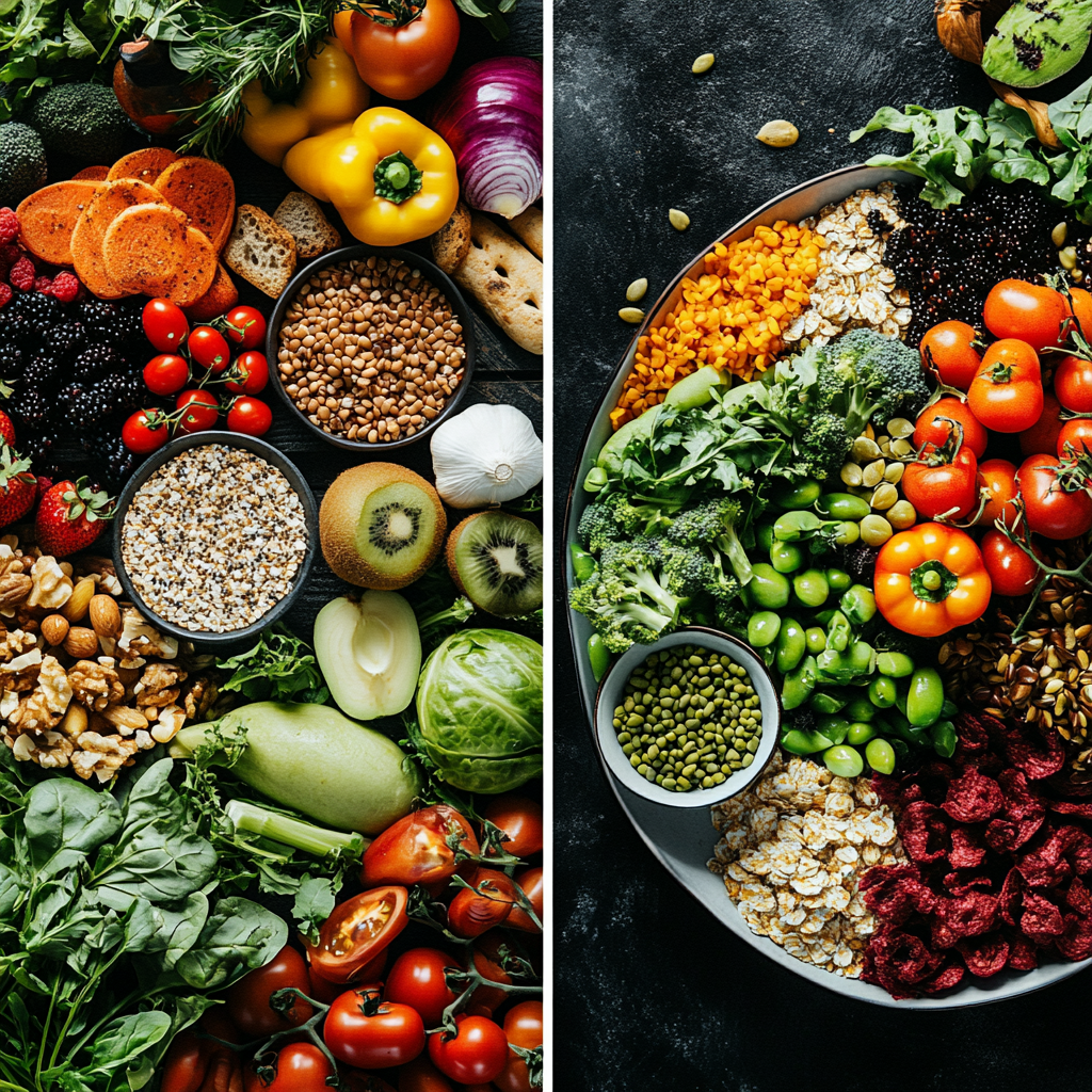 "Split image showing a chaotic social media feed promoting health trends on one side and a balanced plate of whole foods representing natural eating on the other." Health beliefs Weight loss trends Natural eating Nutritional science Social media influence Clean eating Health education
