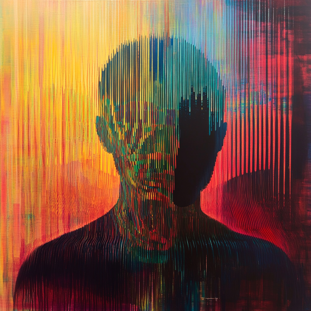 "An abstract illustration of colorful sound waves intertwined with a silhouette of a person, representing the connection between music and mental wellness." Music therapy, mind reprogramming, emotional reconnection, healing through music