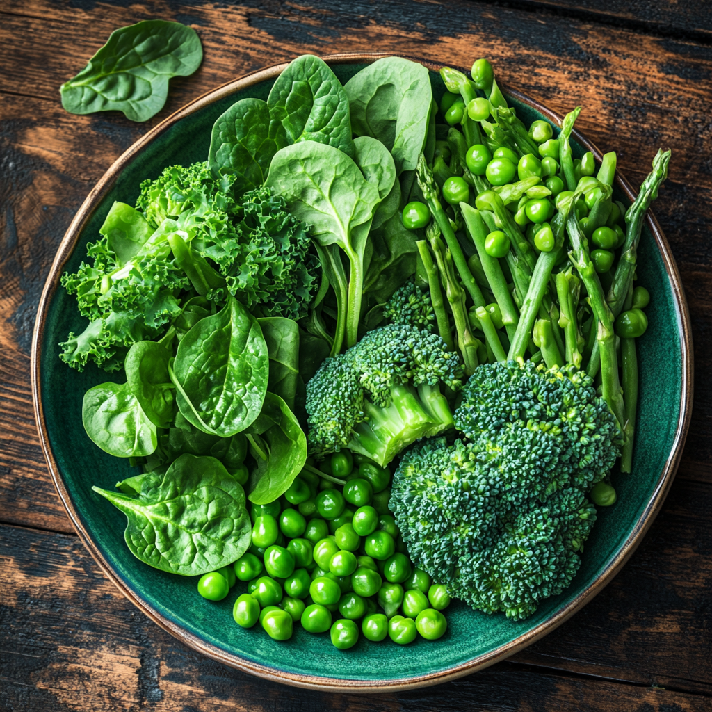 A colorful plate of various green vegetables, including spinach, kale, broccoli, and peas, on a rustic wooden table. Green vegetables, health benefits, nutrition, greens, leafy greens