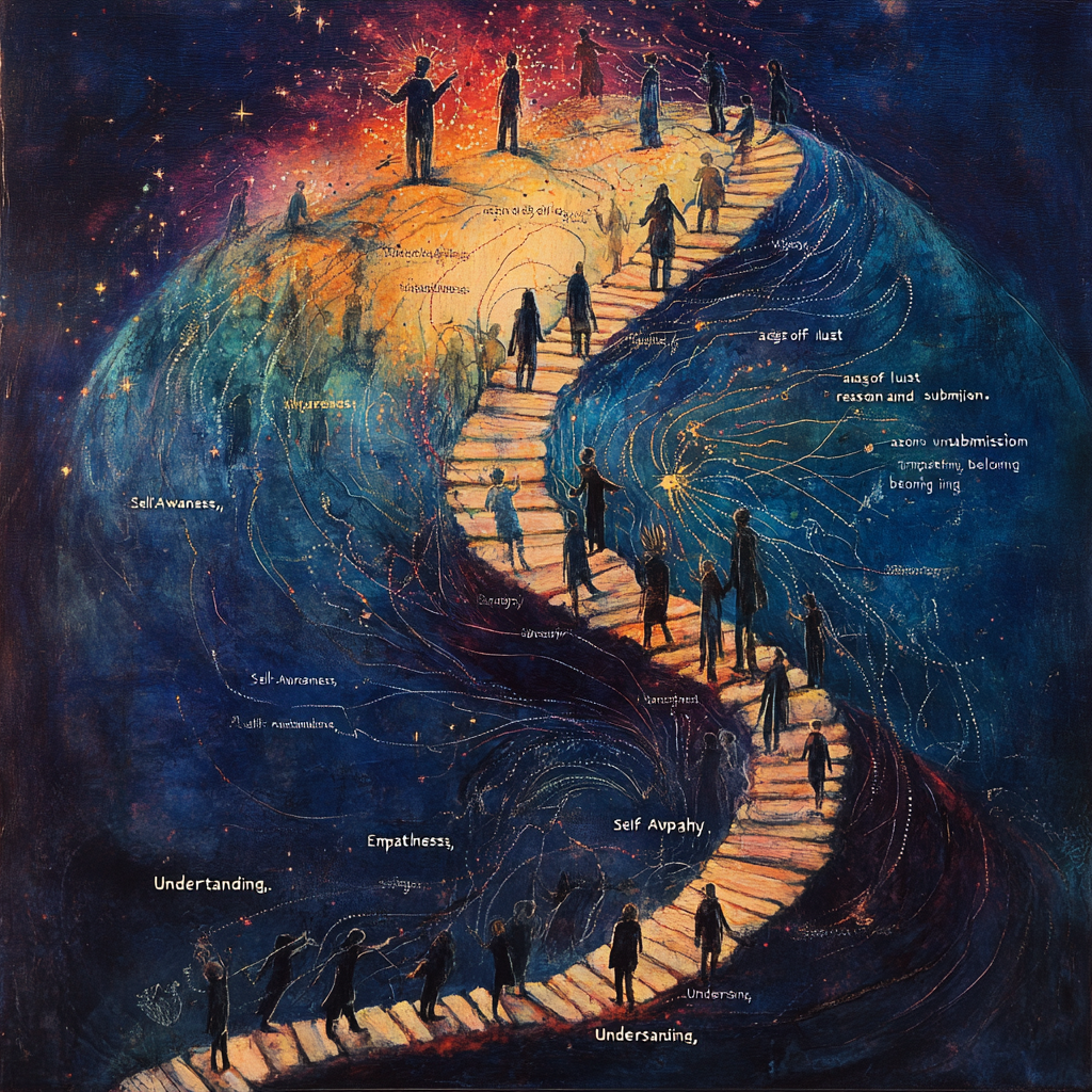 Winding path ascends from darkness to light, symbolizing the journey from primal desires to reason and belonging. Acceptance through reason