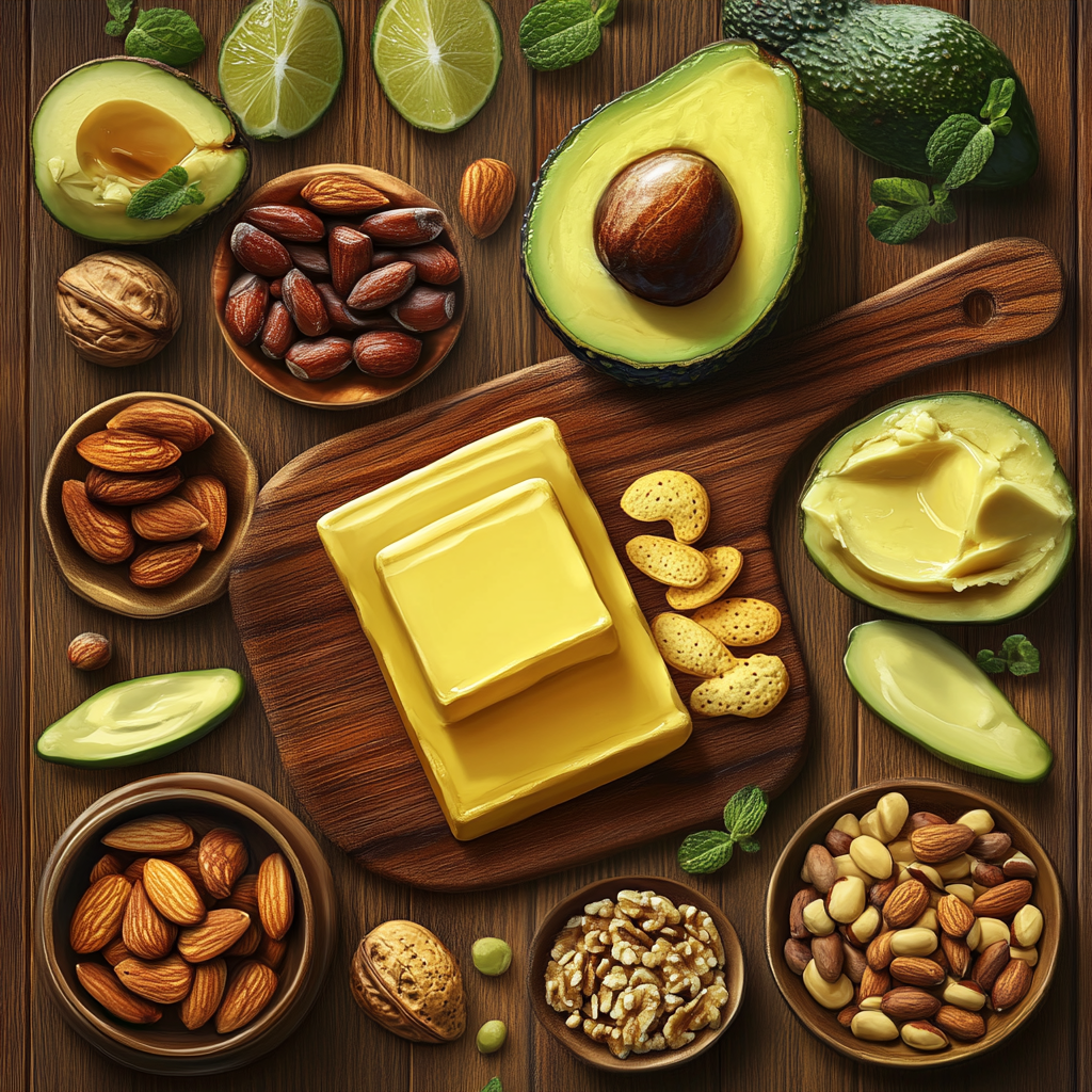 "Comparison of natural fats such as avocado and olive oil versus unhealthy hydrogenated fats like margarine and processed snacks." "Natural fats, hydrogenated fats, food chemistry, health impacts, nutrition."