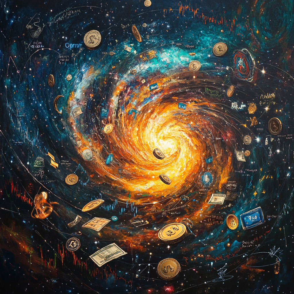 A stunning cosmic scene showing galaxies, stars, and financial symbols such as coins and graphs, representing the connection between finance and the universe. Financial Mysteries, Cosmic Interaction, Universe, Investment Insights, Astro-Economics