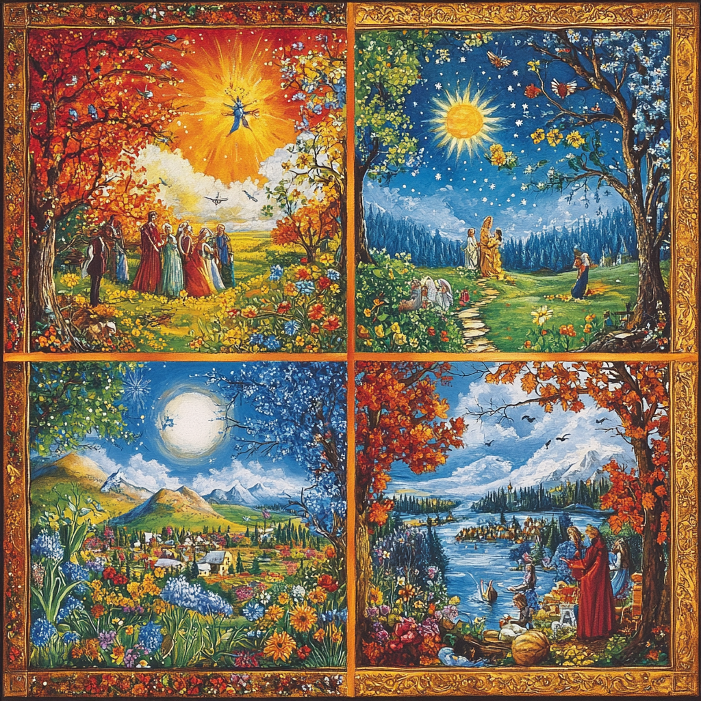 "A vibrant illustration showcasing the four seasons—spring with blooming flowers, summer filled with sunshine and festivities, autumn with colorful leaves and harvest, and winter blanketed in snow, symbolizing introspection and reflection." Effects of Seasons Spiritual Heritage Seasonal Changes