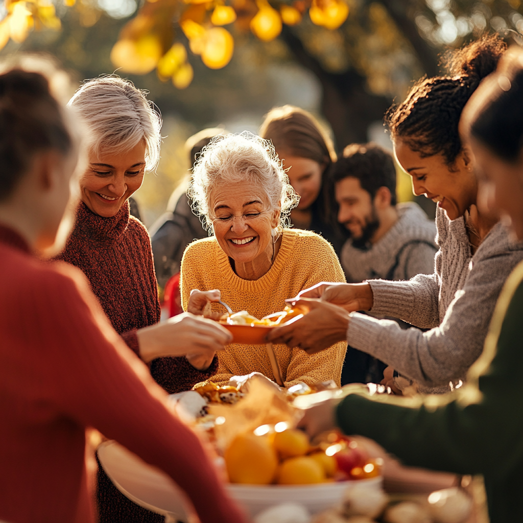 A diverse group of people smiling and helping each other in a sunny park, showcasing acts of kindness and generosity. Generosity, Kindness, Community