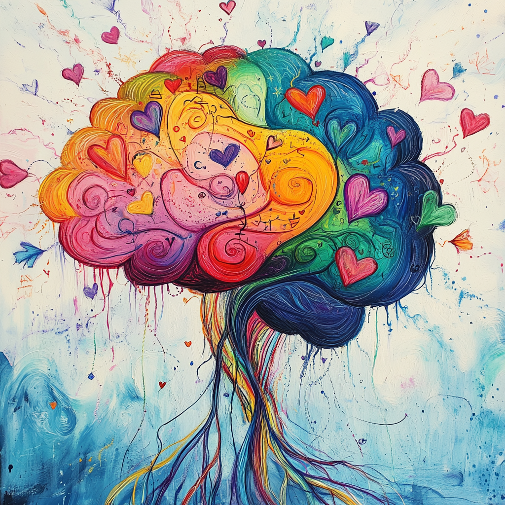 "An artistic representation of a brain with vibrant emotional connections illustrated as colorful lines and symbols, representing the concept of emotional mapping and understanding." "Emotional Mind Mapping"