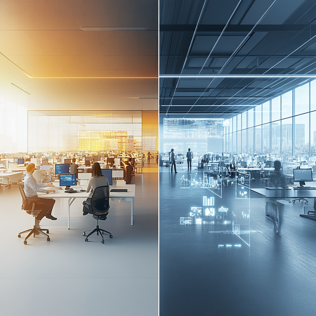 "Split image showcasing the evolution of human interactions: on the left, traditional office meetings, and on the right, people engaging through virtual reality and online platforms." "Virtual Functionality"