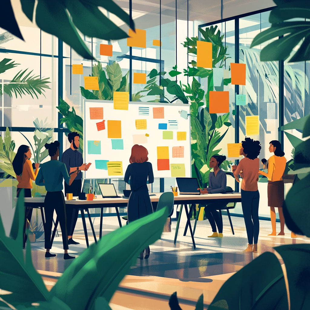 A diverse team engaging in collaborative brainstorming in a lively, modern office setting, showcasing vibrant teamwork and innovative ideas. Lively Leadership