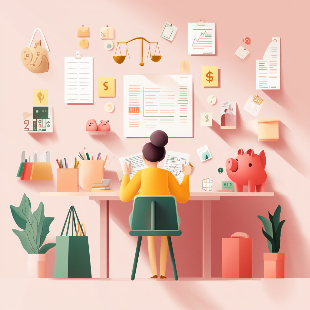 "A person reflecting on their emotional relationship with money at a desk, surrounded by financial documents, a piggy bank, a shopping bag, scales, and sticky notes with affirmations." Emotional relationship with money, financial well-being, money mindset, abundance mindset, financial literacy, money scripts, budgeting, gratitude, financial education.