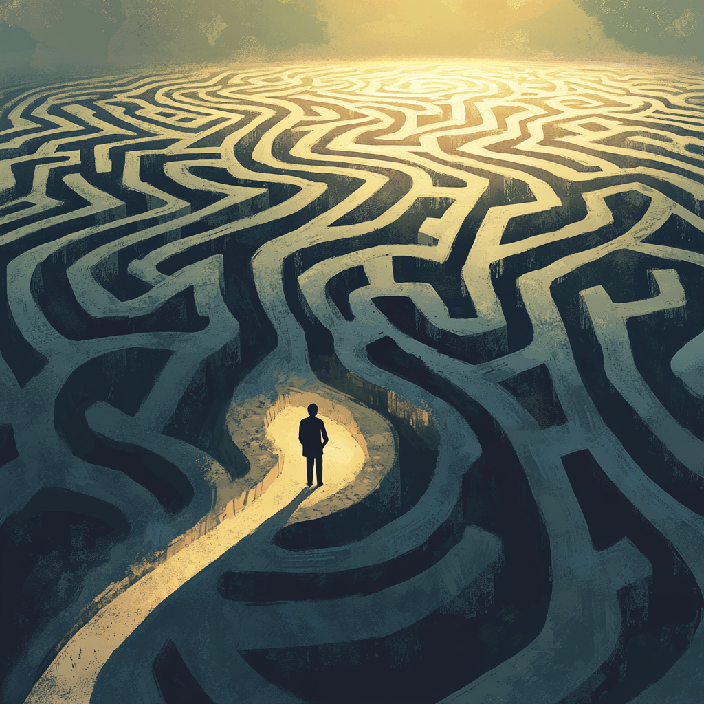 Person in a maze of pre-drawn paths, choosing to create their own way to success. Procrastination secret Overcoming procrastination Personal development Ready-made answers Critical thinking Problem-solving Independent thought Fear of failure Analysis paralysis Intrinsic motivation