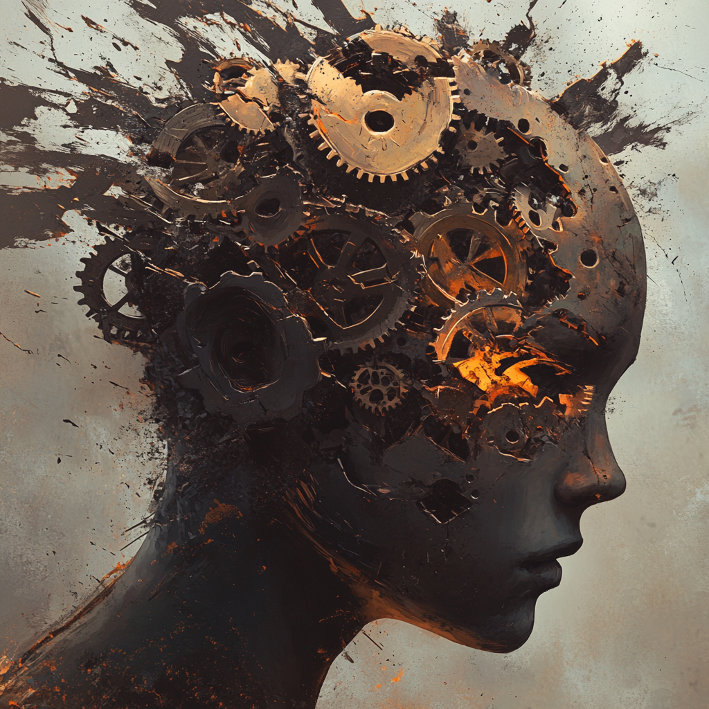 Brain with misaligned gears being forced in, representing ineffective and harmful learning methods of indoctrination. Indoctrination Memory functions Encoding Storage Retrieval Learning methods Educational psychology Critical thinking Personalized learning Ineffective teaching Forced learning Rote memorization Educational reform Cognitive overload Individual learning differences