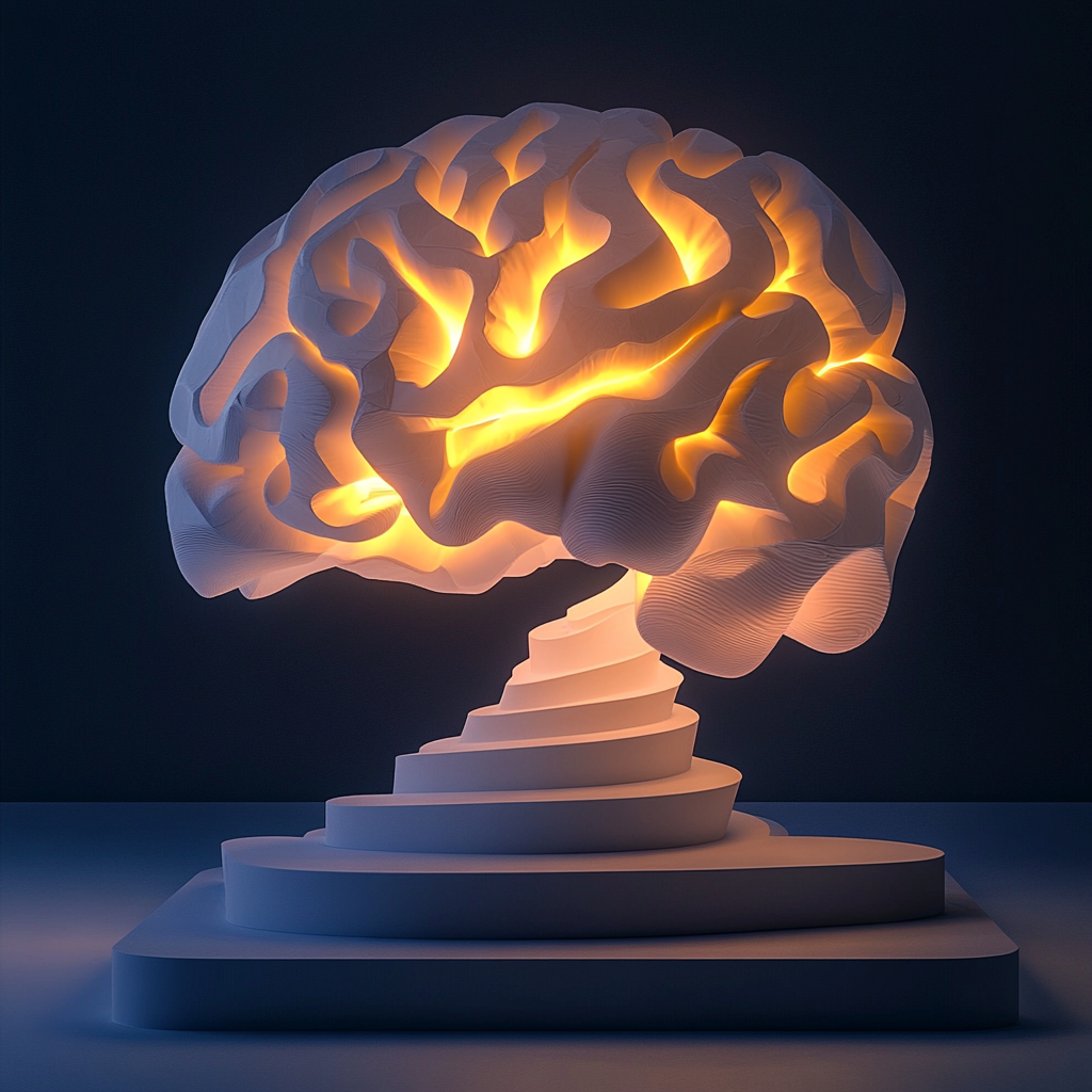 Abstract brain landscape with one area illuminated, representing focused memory processing. Memory health Improve memory Memory loss prevention Memory enhancement Encoding memory Memory storage Memory retrieval Brain health Cognitive function Memory training