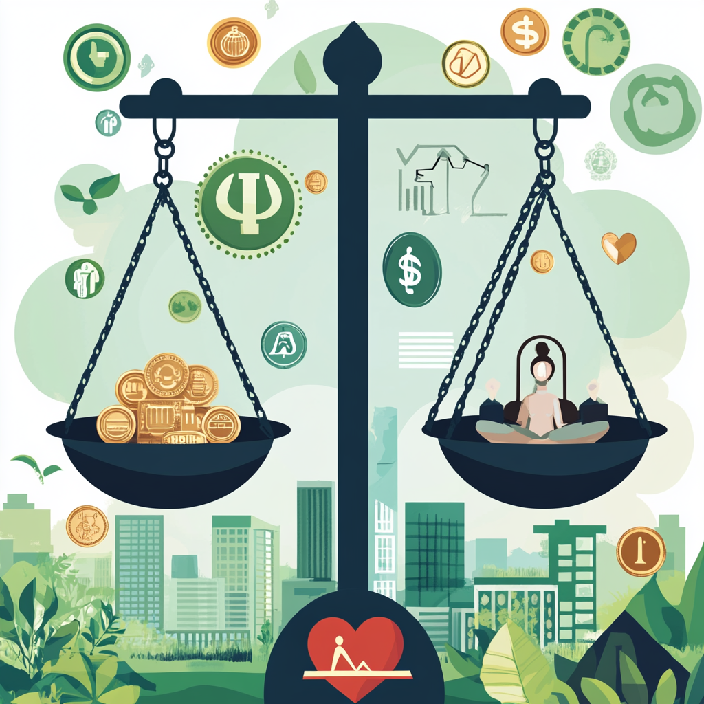 "A balanced scale symbolizing the strengths and weaknesses of money, with wealth symbols on one side and personal well-being icons on the other." "The strengths and weaknesses of money"