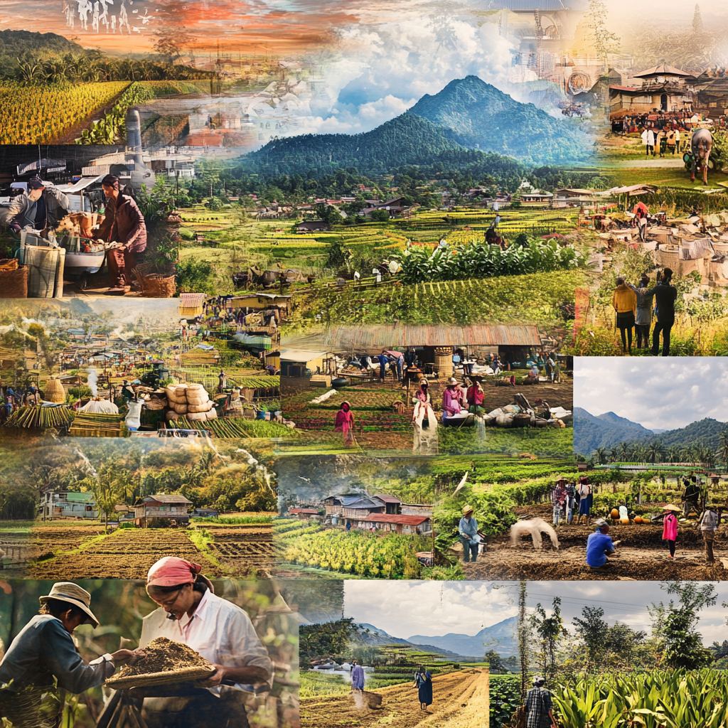"A collage showcasing various types of livelihoods, including farming, crafting, technology, and corporate work, illustrating the diversity and impact of work on everyday life." Livelihood types Economic activities Sustainable living Occupational diversity Quality of life