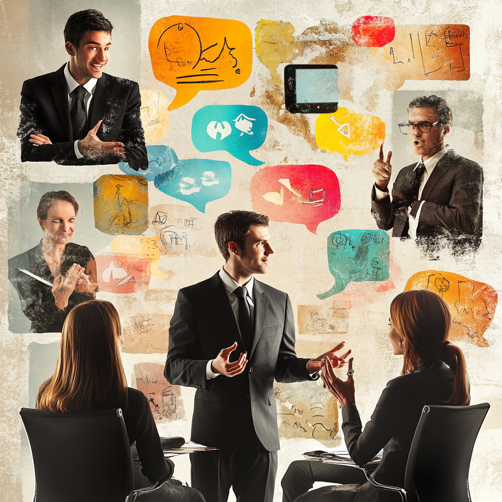 "Collage of effective leadership communication: a leader presenting, team members engaged in conversation, and visual elements symbolizing the power of words and non-verbal communication." Coherence in communication Effective leadership Emotional intelligence Non-verbal communication Cultural intelligence Trust in leadership