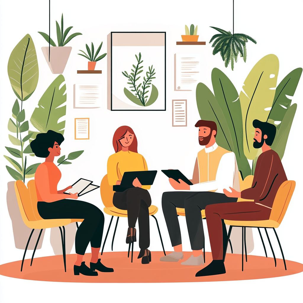 A diverse group of professionals engaged in a coaching session, with a coach facilitating discussion and encouraging participation. Professional Coaching for Productivity