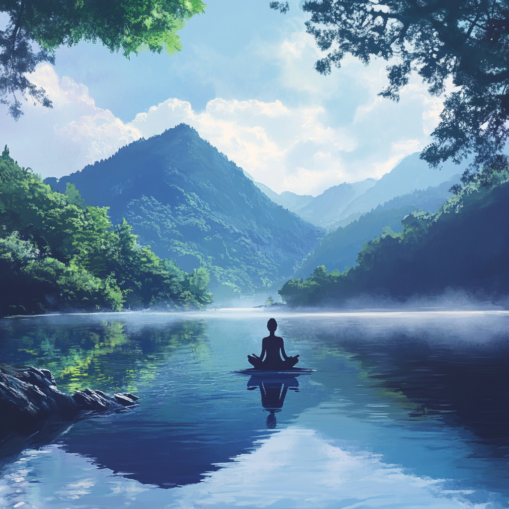 “A peaceful scene showing a person meditating by a tranquil lake, surrounded by lush greenery, symbolizing the journey of introspection and self-discovery.” “Introspection,” “self-discovery,” “mindfulness,” “personal growth,” “emotional intelligence”