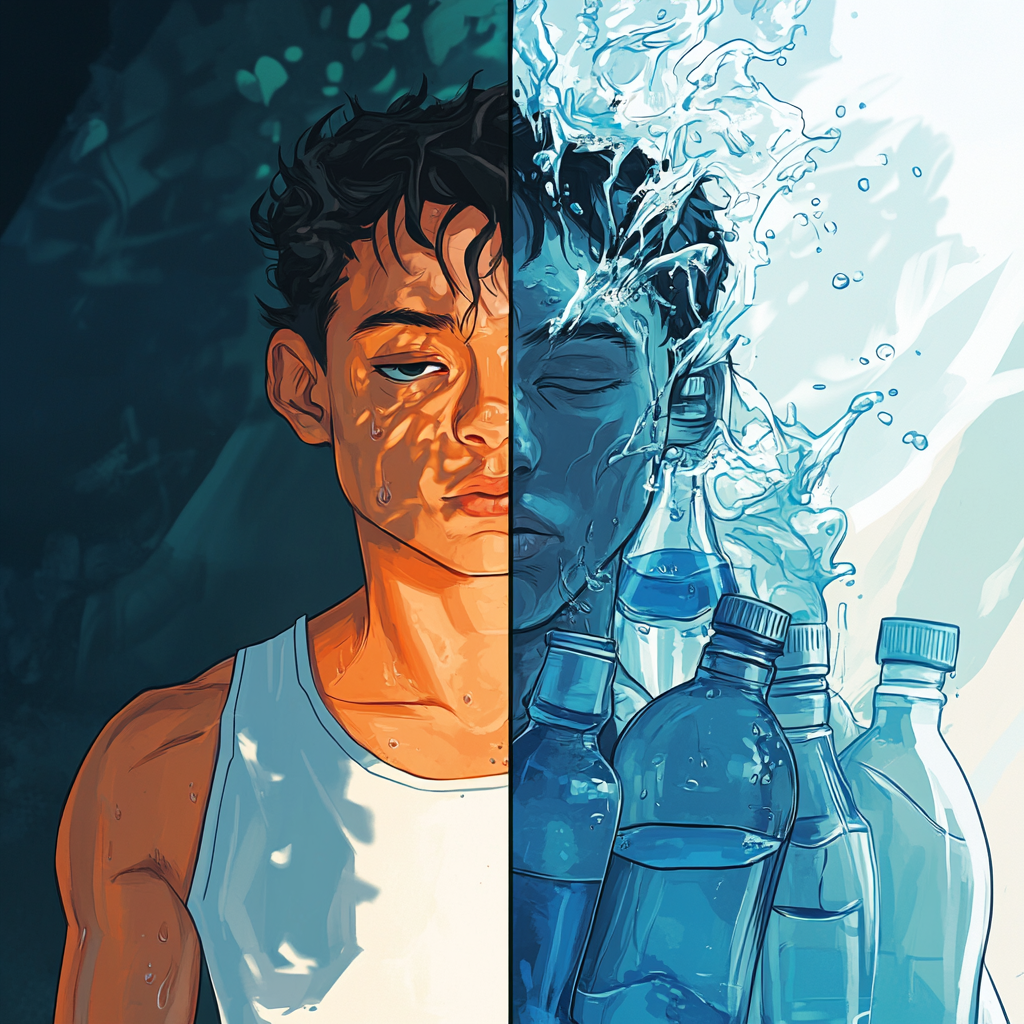 "Split image showing a person hydrating wisely on one side and someone overwhelmed by excessive water consumption on the other." "Water Intoxication"